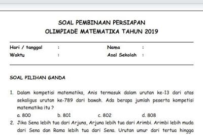 Soal Pembinaan Olimpiade Matematika SD Level Mudah