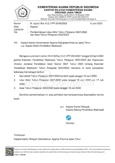 Pemberitahun Libur dan Awal Tahun Kemenag Jatim
