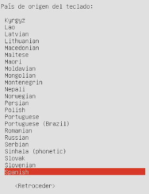 Instalar Ubuntu 16.04 origen del teclado.