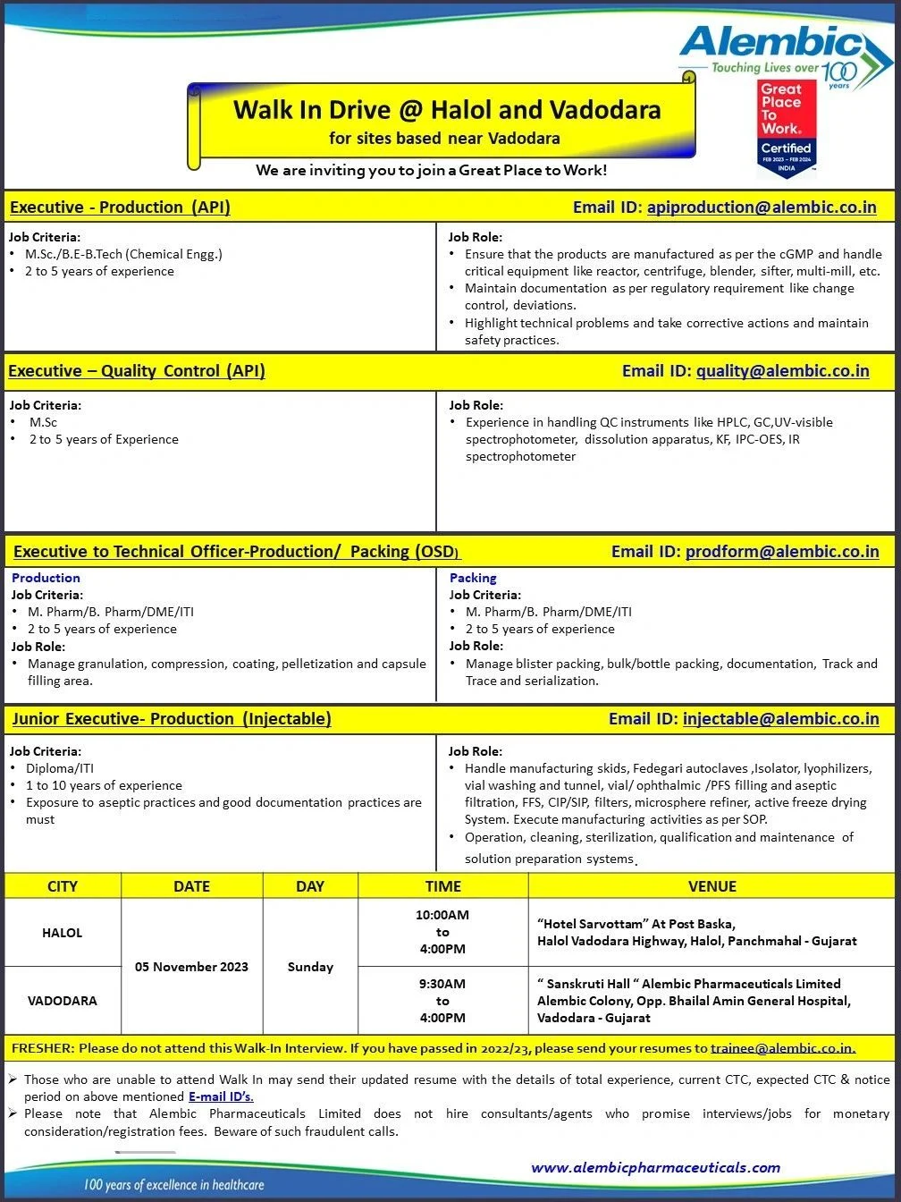 Alembic Pharmaceuticals Walk-in Drive Campus Placement for ITI, Diploma and Graduates Experience Holders at Halol and Vadodara, Gujarat