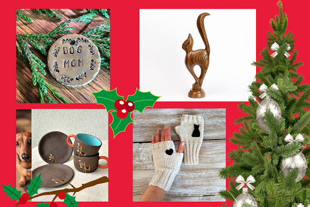 Artisan gift guide for dog and cat lovers. Pictured: hand-stamped dog mom keychain, wooden cat statue, gloves with cat on, espresso cups with dog on