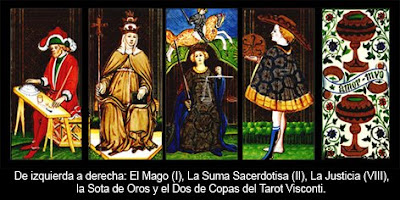 Los naipes de 'El Mago' (I), 'La Suma Sacerdotisa' (II), 'La Justicia' (VIII), la 'Sota de Oros' y el 'Dos de Copas' del Tarot Visconti