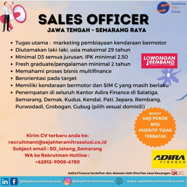 Lowongan Kerja Pegawai Sales Officer PT Sejahtera Mitra Solusi Penempatan Adira Finance Rembang