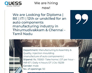 Auto Components Manufacturing Company Required 12th Pass, ITI, and Diploma Candidates for Chennai | Apply Online