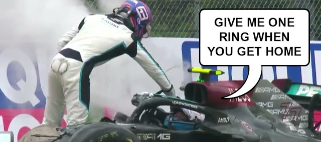 Amid crashed cars, Bottas gives the middle finger to Russell, saying "give me one ring when you get home"