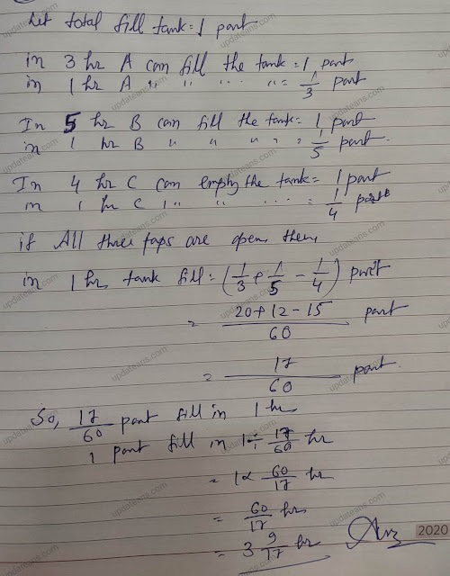 Two taps, A and B can fill a tank in 3 hrs and 5 hrs respectively, whereas a pipe C can empty the tank in 4 hrs. If all the three were open together, then find the time taken to fill the empty tank.