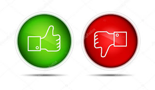 Imagenes de botones: botón color verde a la izquierda dedo pulgar para arriba utilizado para indicar "me gusta". Botón rojo a la derecha, dedo pulgar hacia abajo para indicar "no me gusta"