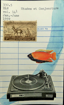 turntable tropical fish postage stamp library card Dada Fluxus mail art collage