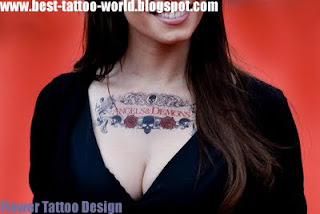 Flower and Skull Tattoo design on Girls Chest - Angels and Demon Script Tattoo
