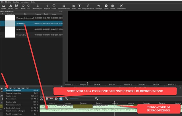 aggiunta di tracce audio su shotcut