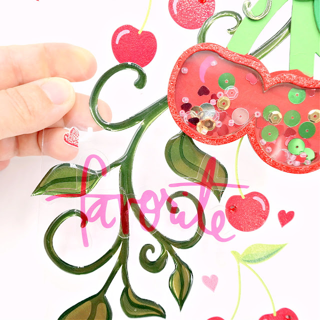 Clear Acrylic Tag Cherry Shaker Tag with Green Vine Sticker and Acetate Word