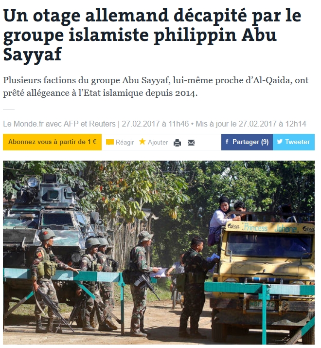 Un otage allemand décapité par le groupe islamiste philippin Abu Sayyaf