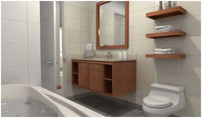 BATHROOM VANITIES AND SHELVES IN A MODERN BATHROOM DESIGN