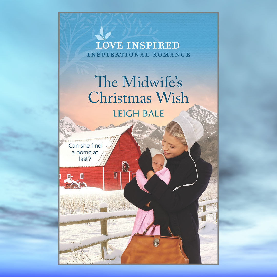 book cover for The Midwife's Christmas Wish by Leigh Bale showing an Amish woman holding a baby in front of a barn/farm