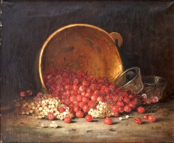 Germain  Ribot (1845-1893)  Nature morte aux cerises et groseilles à maquereaux  Collection Privée