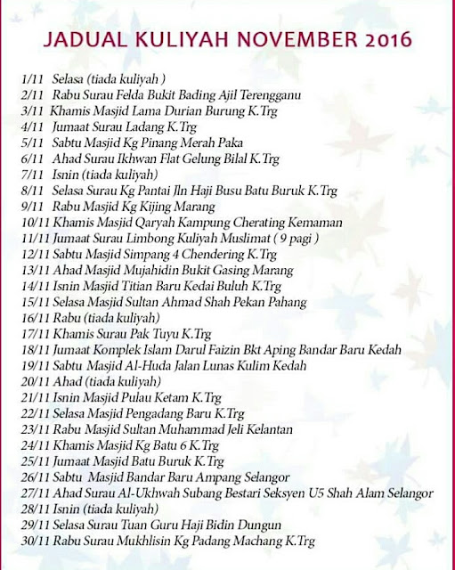 Jadual Kuliah Ustaz Azhar Idrus (UAI) Bulan November 2016