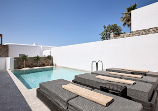 Outdoor space of a choosing a Mykonos hotel with a private pool