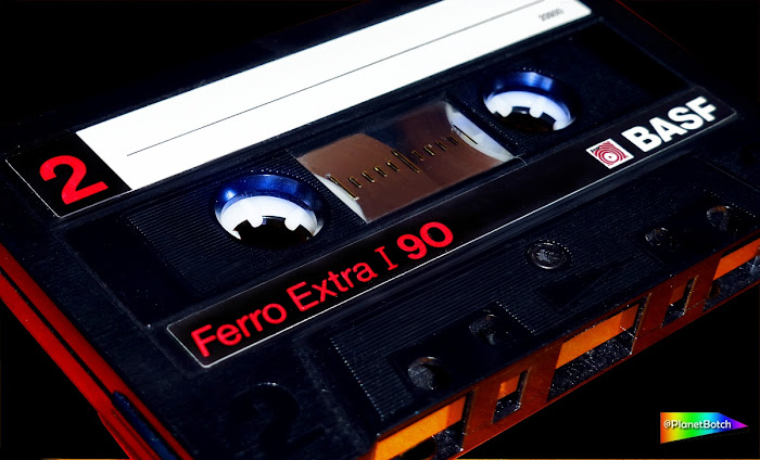Closeup of BASF audio cassette in dim lighting