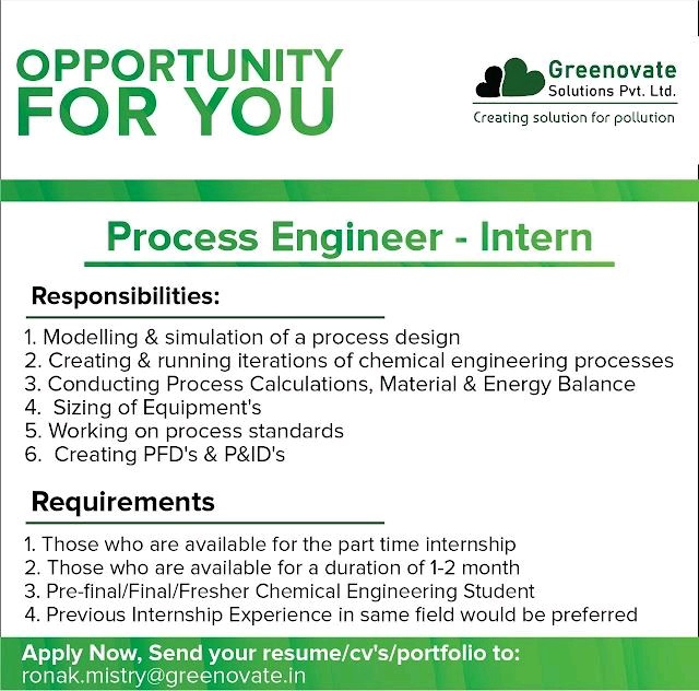 Job Availables, Greenovate Solutions Pvt Ltd Job Vacancy For Process Engineer - Intern