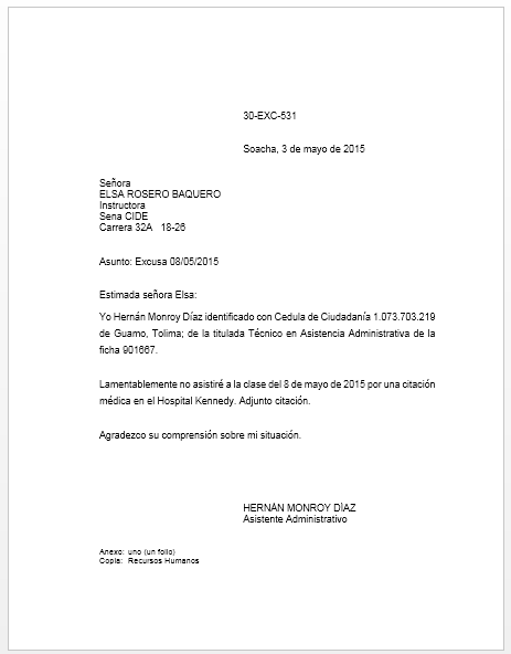 Asistencia Administrativa CARTA EXCUSA