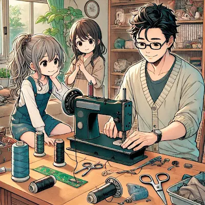 ミシンを修理する父とそれを見守る家族をAIに描かせてみたぞ。