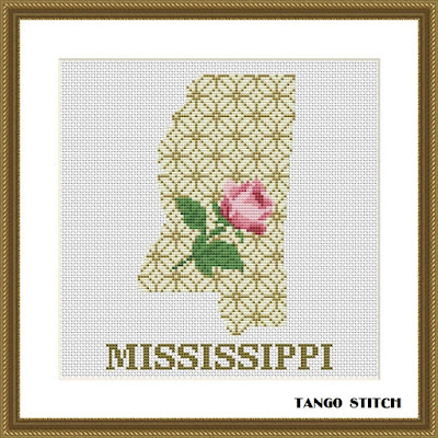 Mississippi map cross stitch pattern floral ornament embroidery - Tango Stitch