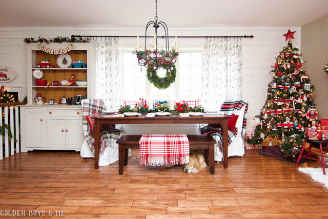 Christmas Dining room with shiplap, classic decor and plaid