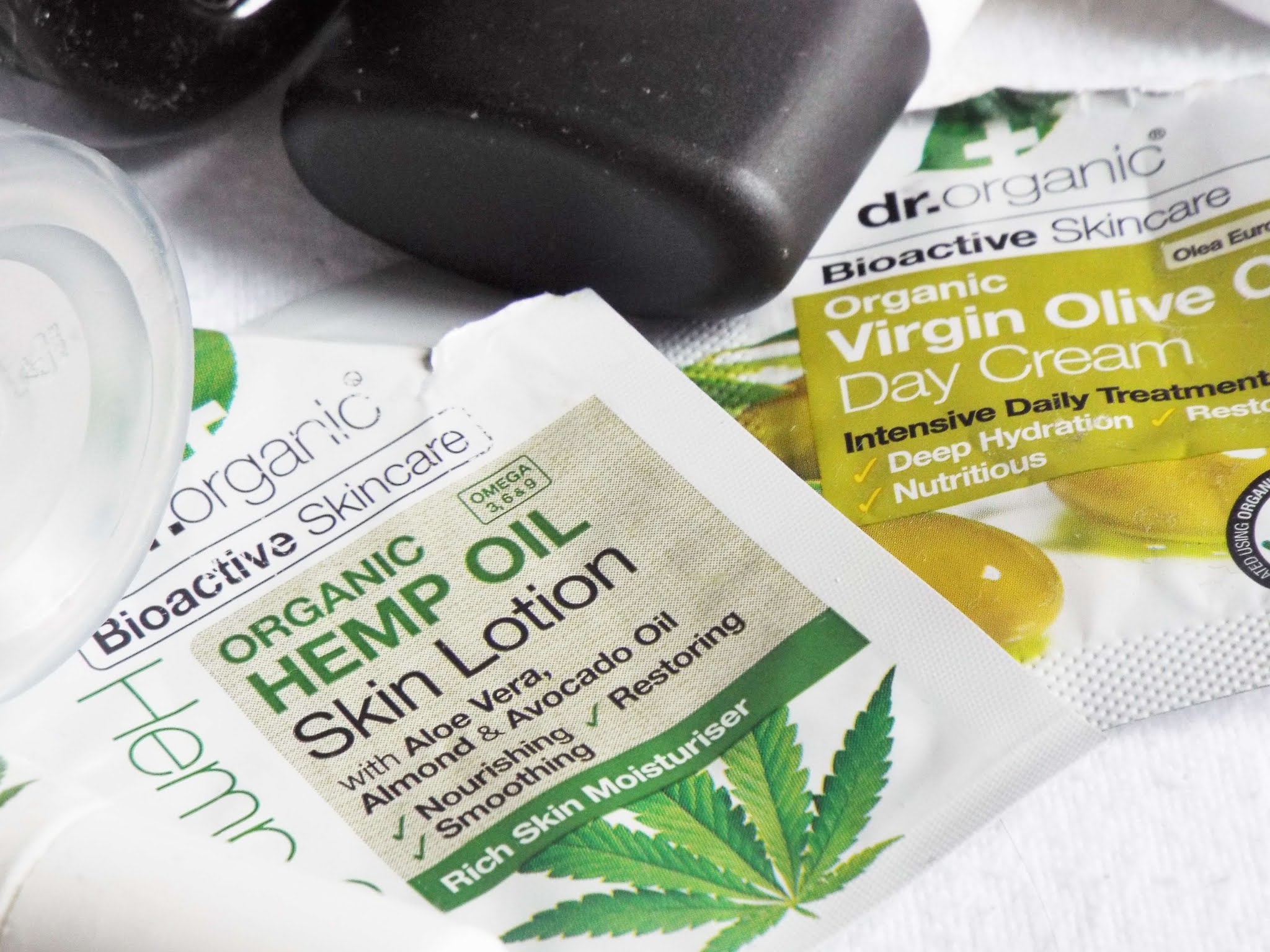 Dr Organic Hemp Oil Skin Lotion and Virgin Olive Oil Day Cream, in two sample sachets.