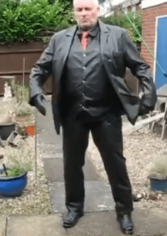 Animation of Man in black leather blazer shows off his suit