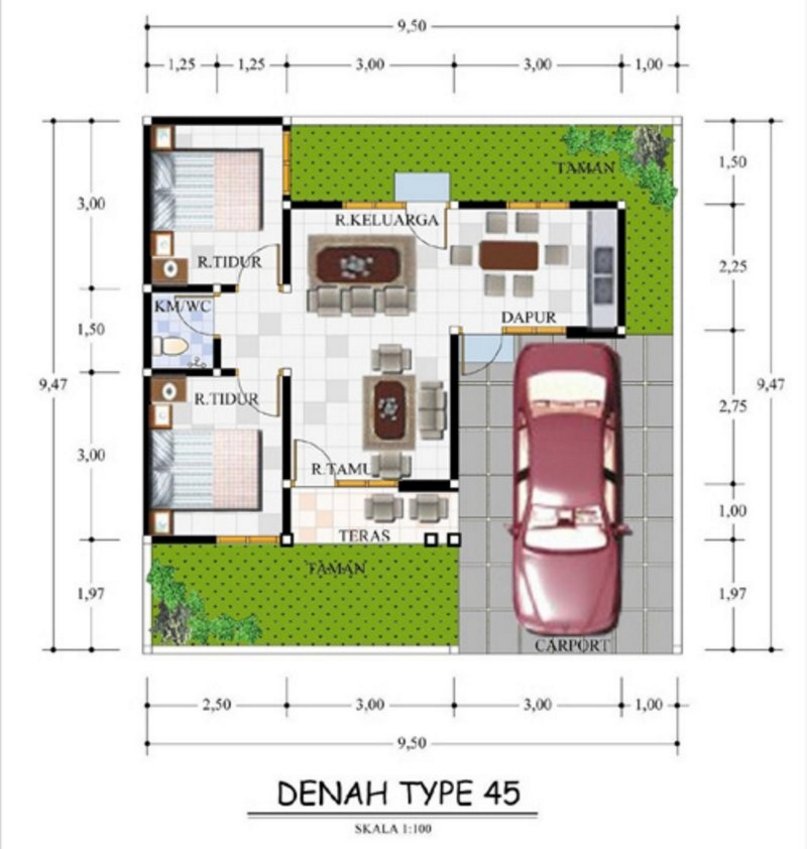 Desain Denah Rumah Minimalis 9x10 Type 45 2021