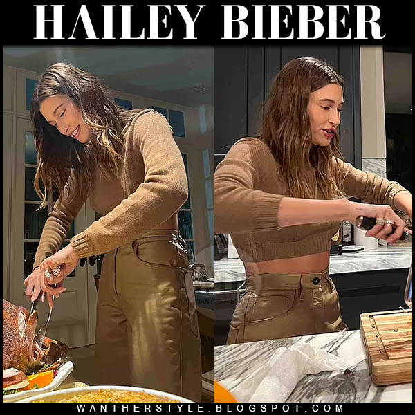 Hailey Bieber in camel cropped sweater and trousers