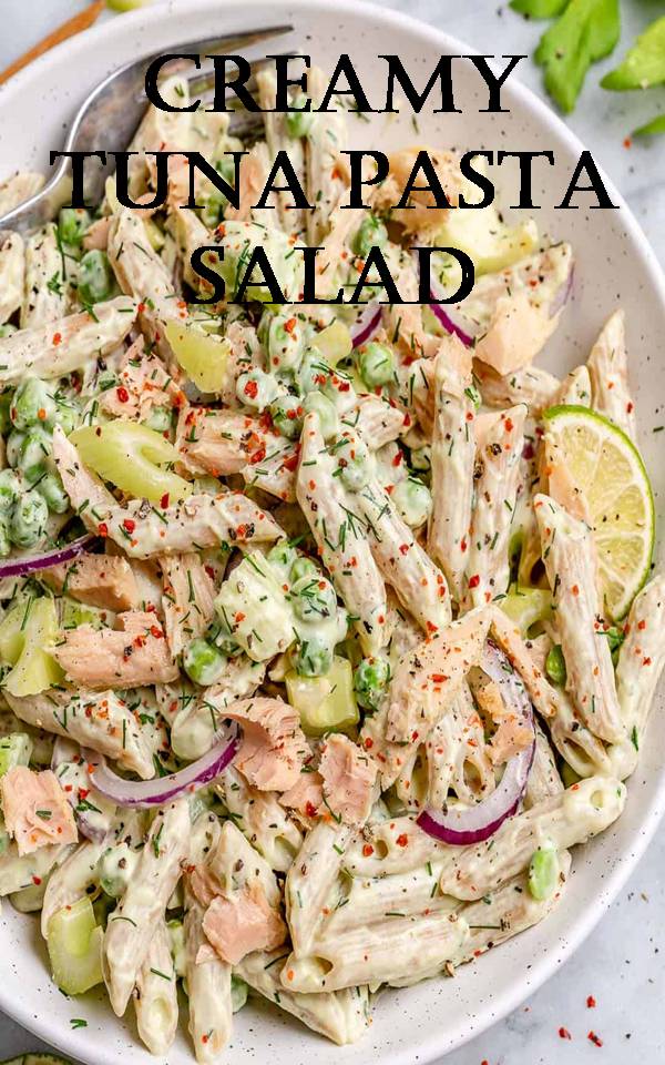 This Tuna Pasta Salad is not only healthy, filling, and utterly delicious, it is easy to make and loaded with flavor. Made with protein-packed tuna, peas, whole-wheat pasta, celery, and then tossed in a tasty and creamy avocado yogurt dressing. Ingredients 8 oz Whole Wheat Penne or gluten-free 2-3 Celery Stalks chopped 1 Cup Frozen Green Peas thawed 6.7 oz Tuna in Olive Oil 1 jar, drained and flaked ½ Red Onion thinly sliced, to garnish For the creamy sauce/dressing: 1 Avocado very ripe 1 Cup Plain Greek Yogurt 2 Tbsp Chopped Fresh Dill plus more to garnish ½ Lemon juiced 1 Tbsp Dijon Mustard 1-2 Garlic Cloves minced 1 Tsp Chili Flakes or to taste Kosher salt and pepper, to taste Instructions Cook the pasta according to package directions, then drain and set aside in a large bowl to cool. Place all sauce/dressing ingredients into a blender or food processor and pulse until smooth and well combined. Taste and adjust the seasoning. Pour the sauce over the pasta, and stir in the celery, peas, and tuna. Mix with a spatula until nicely coated. Divide into bowls and enjoy!