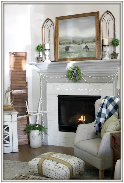 French Country Farmhouse Fireplace-DIY Decor-Framed Cow Artwork-Mini Wreath-Fireplace Decor-French Farmhouse-Button garland-Buffalo Check-From My Front Porch To Yours