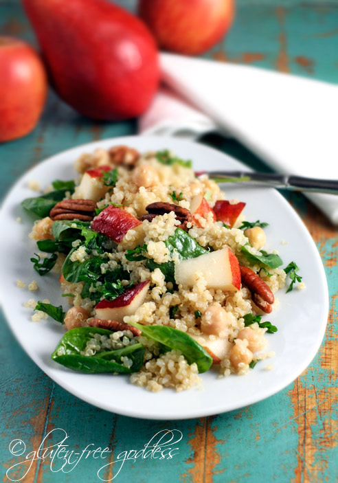 Quinoa salad with pears spinach chick peas and toasted pecans is a delicious and light gluten free vegan side dish