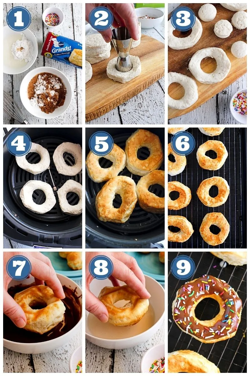 A step-by-step collage of the air fryer donuts being made.