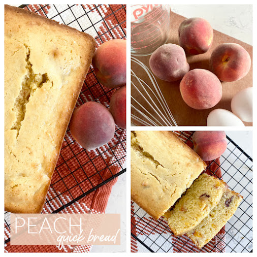 Collage of peach bread photos on a cooling rack, sliced and with fresh whole peaches.