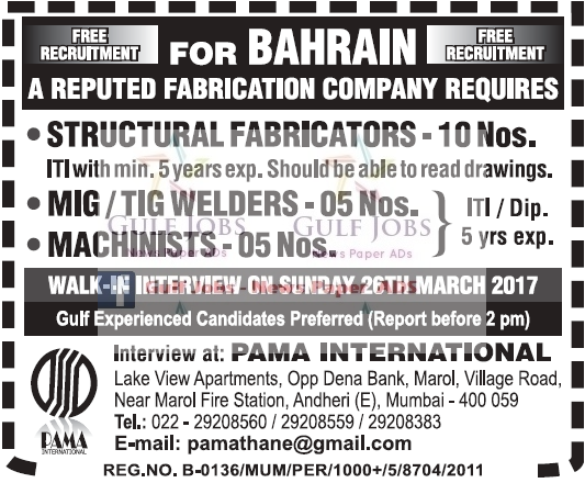 Reputed Fabrication co Jobs for Bahrain - Free Recruitment