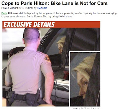  famous celebrity Paris Hilton was cited for driving in a bike lane: