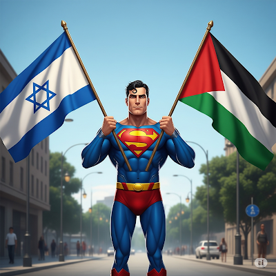 Superman stands heroically in the middle of a street, holding up a flag in each hand: the flag of Israel on his left and the flag of Palestine on his right. The street is lined with buildings and trees, and a few people are visible in the background, walking. The sky is clear and blue.