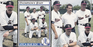 Ron McKay 1990 Utica Blue Sox card, McKay with five other coaches