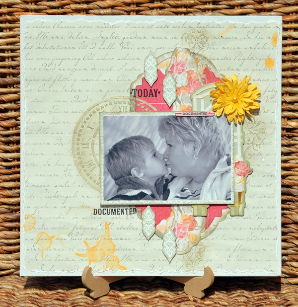 Mixed Media Layout by Denise van Deventer using BoBunny Aryia's Garden Collection and Pentart Chameleon Wax Paste