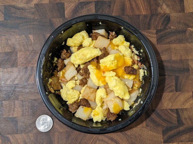 Top-down view of Aldi's Breakfast Best Meat Lovers Breakfast Bowl.