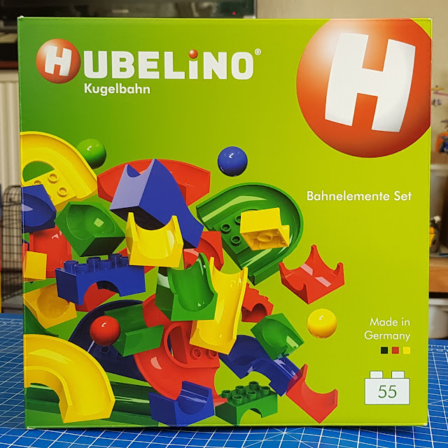 Hubelino Marble Run Elements Set front of box with various bricks illustrated