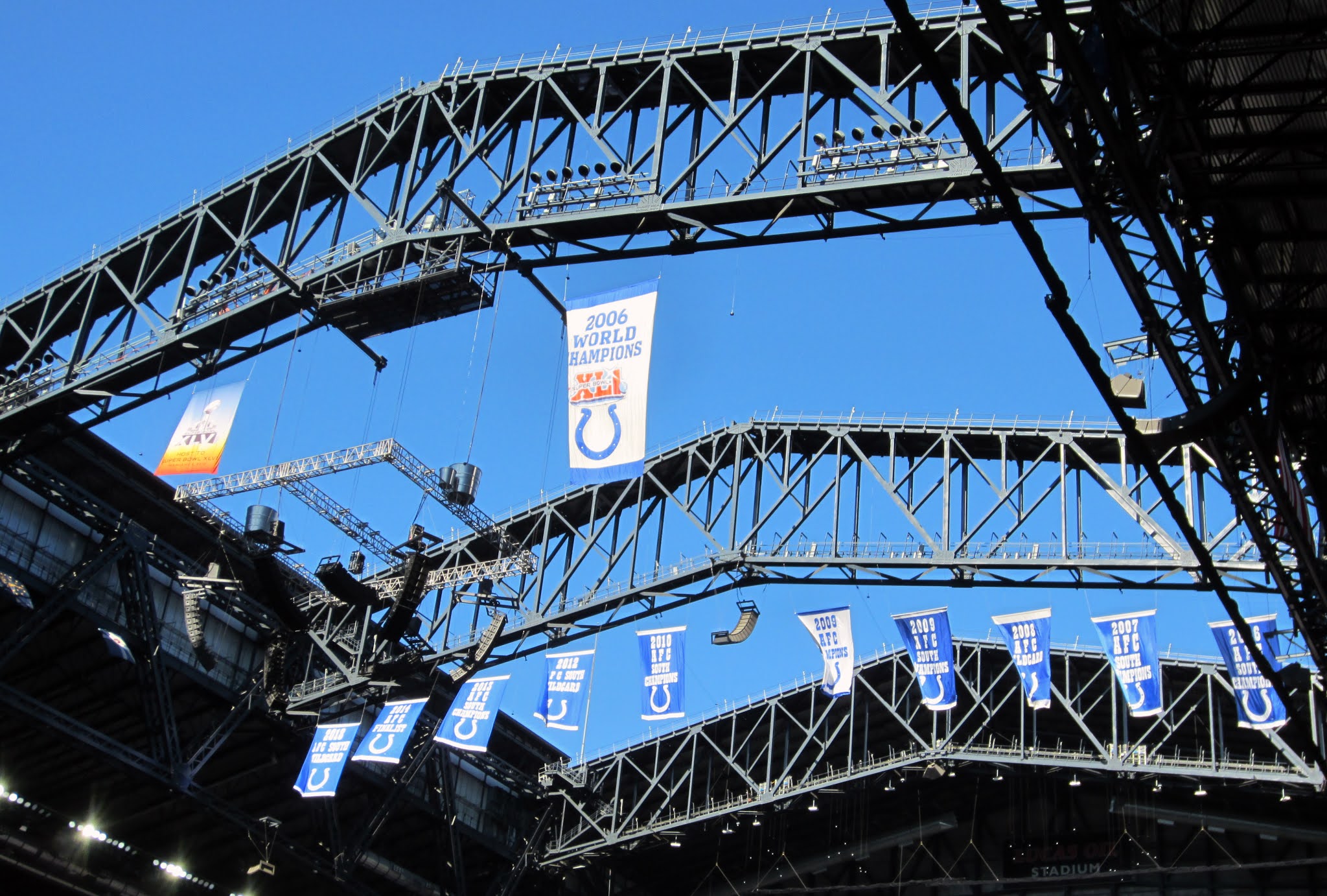 Banners hung in the rafters of Lucas Oil Stadium