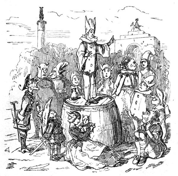 line drawing of a clown or jester standing on a barrel with other figures variously looking up at him or ignoring him; all wear medieval garb