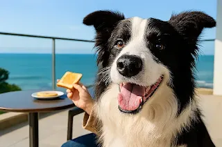 강원도 애견 동반 여행 코스 아침 토스트 먹는 보호자와 보더콜리