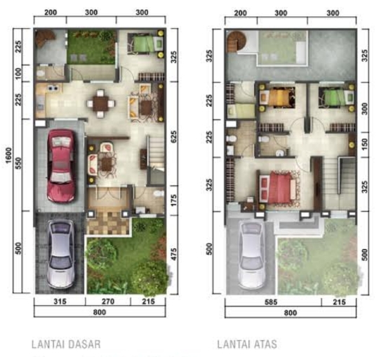 Denah rumah minimalis ukuran 8x16 meter 5 kamar tidur 2 