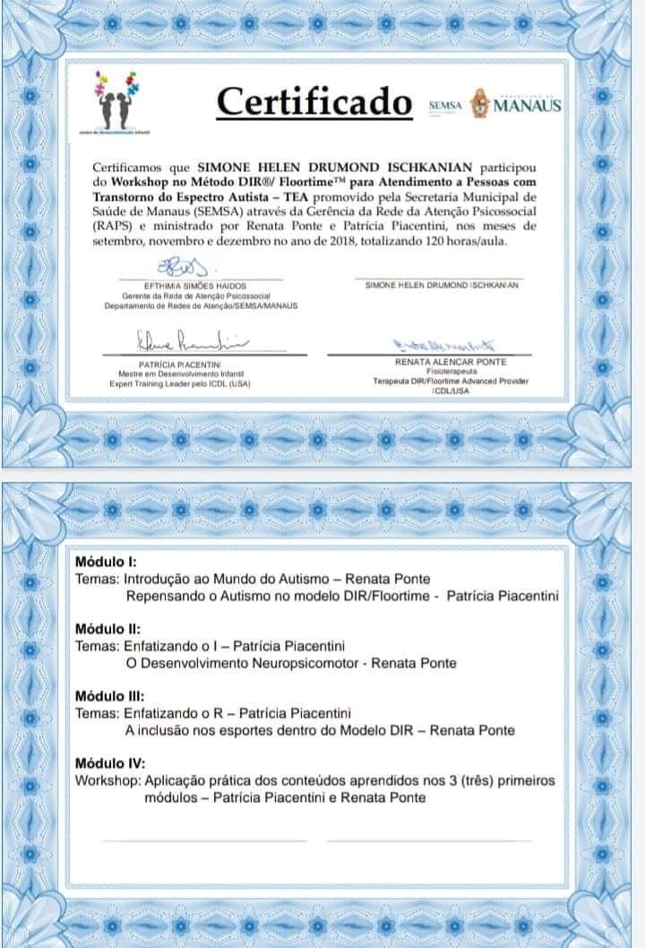 Certificado DIR Flortime  Atendimento a pessoas com autismo.  Simone Helen Drumond Ischkanian
