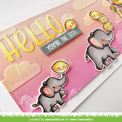 You're the Zest Slimline Card by Samantha Mann for Lawn Fawnatics Challenge, Lawn Fawn, Distress Oxide Inks, Ink Blending, Slimline, Lemons, Card Making, Handmade Cards, Elephants, #cardmaking #lawnfawn #lawnfawnatics #distressinks #inkblending #slimlinecard #cards