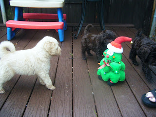 three puppies and a plush animated Christmas tree